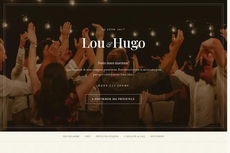 Le site d'un mariage créé avec Photora, thème Élégant classique : prénoms, date et bouton pour confirmer sa présence.