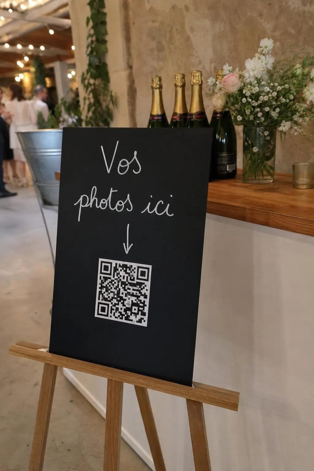 Chevalet « Vos photos ici » avec un QR code Photora, posé à l'entrée d'une réception.