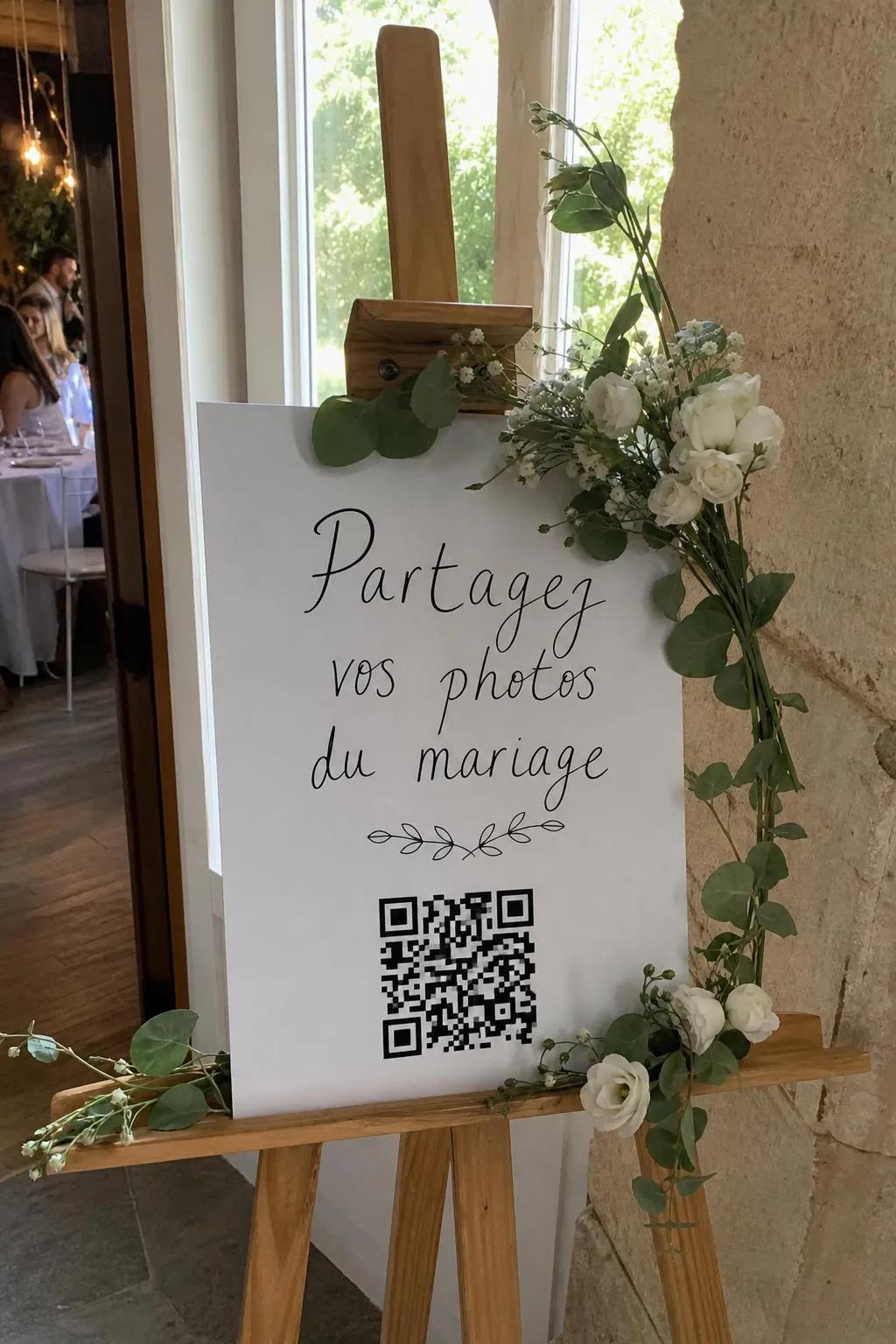 Chevalet de mariage avec QR code pour partager les photos