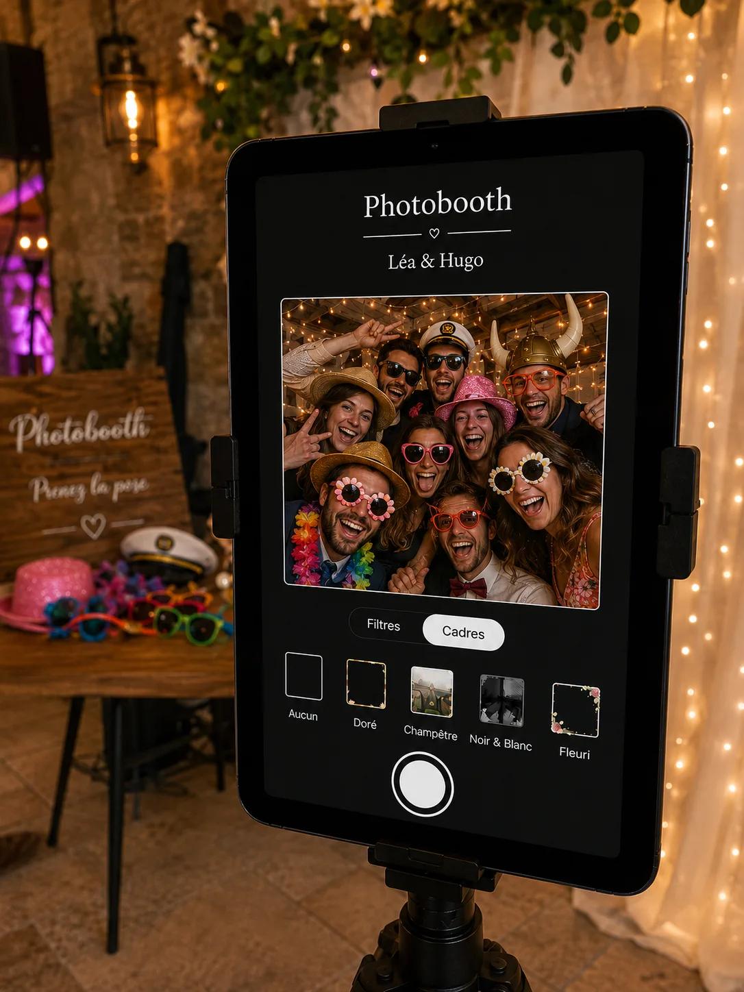 Photobooth Photora : une tablette sur trépied affiche l'interface photo pendant un mariage.