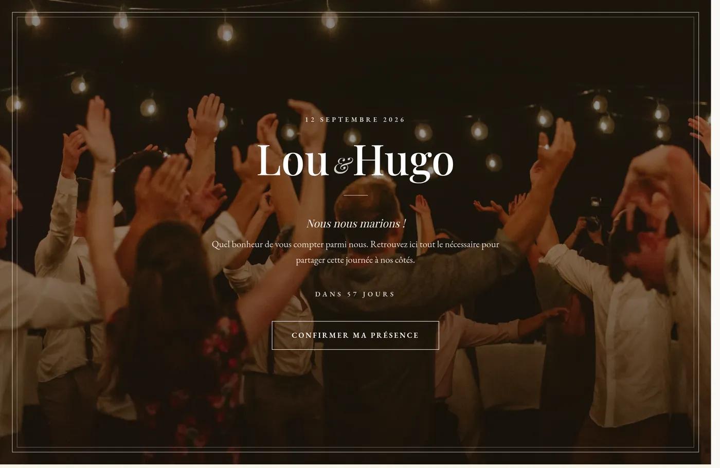 Le site personnalisé d'un mariage créé avec Photora : prénoms, date et bouton de confirmation de présence.
